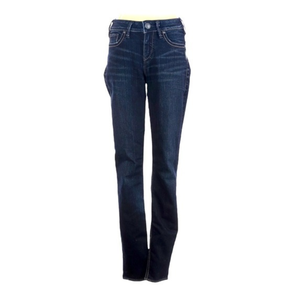 Silver Jeans W26/L29 Stevie dark wash mid rise skinny cut distressed jeans